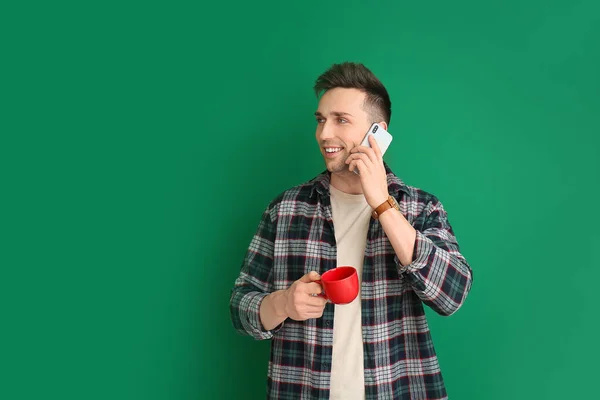 Young Man Coffee Talking Phone Color Background — Stock Photo, Image