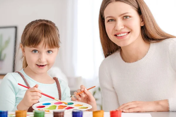 Drawing Teacher Giving Private Art Lessons Little Girl Home — Stock Photo, Image