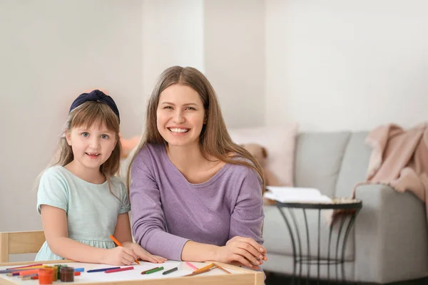 Drawing Teacher Giving Private Art Lessons Little Girl Home — Stock Photo, Image