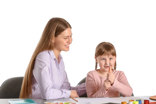 Profesora Dibujo Dando Clases Arte Privado Una Niña Sobre Fondo —  Fotos de Stock