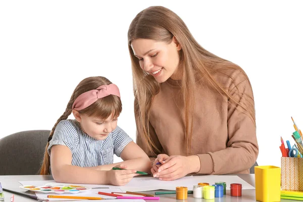 Profesora Dibujo Dando Clases Arte Privado Una Niña Sobre Fondo — Foto de Stock