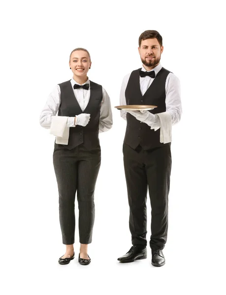Мужчины Женщины Официанты Белом Фоне — стоковое фото