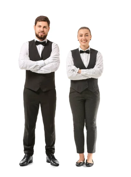 Male Female Waiters White Background — Stock Photo, Image