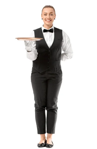 Beautiful Female Waiter White Background — Stock Photo, Image