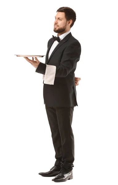 Handsome Male Waiter White Background — Stock Photo, Image