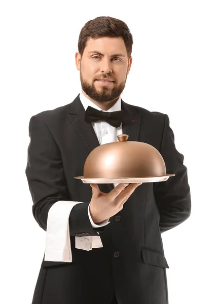 Handsome Male Waiter White Background — Stock Photo, Image