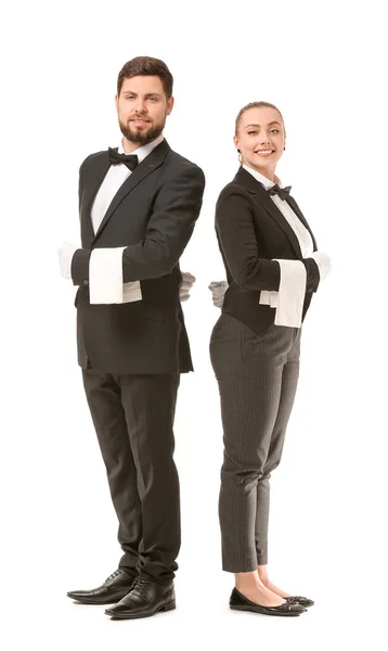 Male Female Waiters White Background — Stock Photo, Image