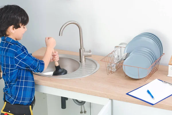 Little Plumber Repairing Sink Kitchen — Stock Photo, Image