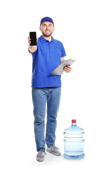 Delivery Man Bottle Water Mobile Phone White Background — Stock Photo, Image