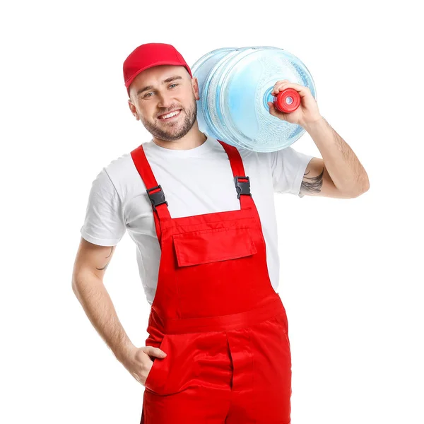 Entrega Hombre Con Botella Agua Sobre Fondo Blanco —  Fotos de Stock