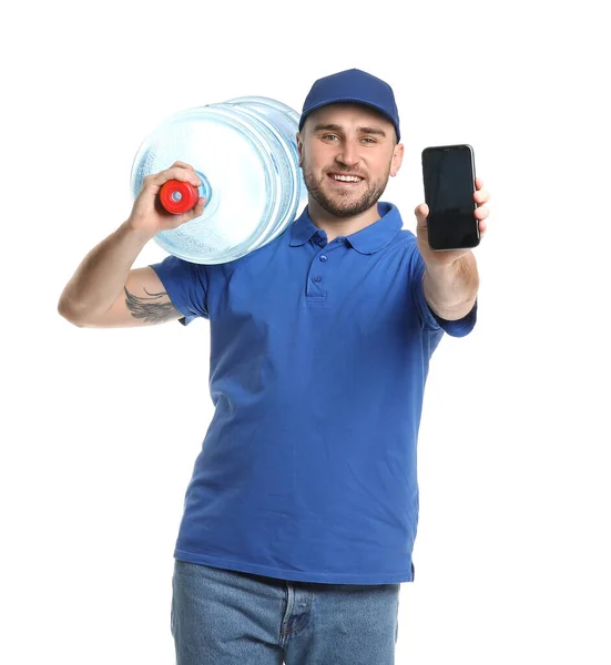 Entrega Homem Com Garrafa Água Telefone Celular Fundo Branco — Fotografia de Stock