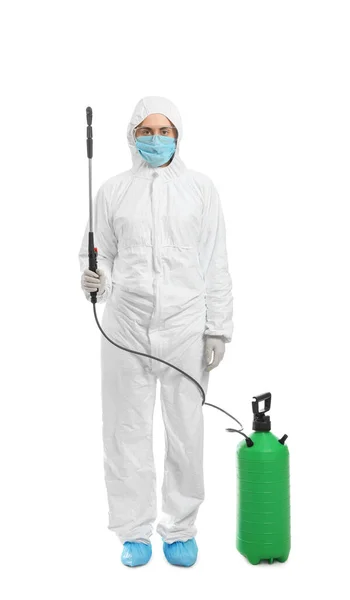 Worker Biohazard Suit Disinfectant White Background — Stock Photo, Image