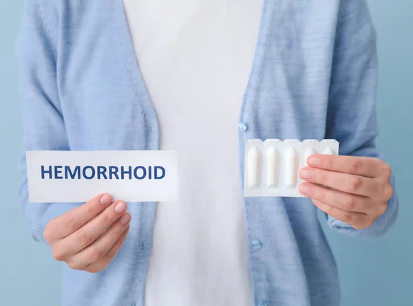 Woman Hemorrhoidal Suppositories Color Background — Stock Photo, Image