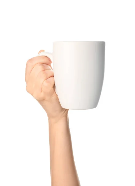 Женская Рука Пустой Чашкой Белом Фоне — стоковое фото
