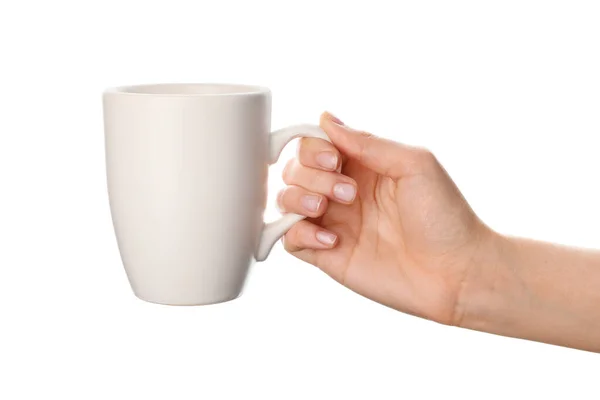 白い背景に白いカップと女性の手 — ストック写真