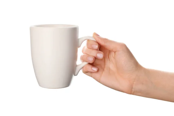 Female Hand Blank Cup White Background — Stock Photo, Image