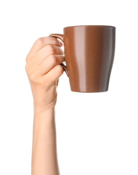 Weibliche Hand Mit Leerer Tasse Auf Weißem Hintergrund — Stockfoto