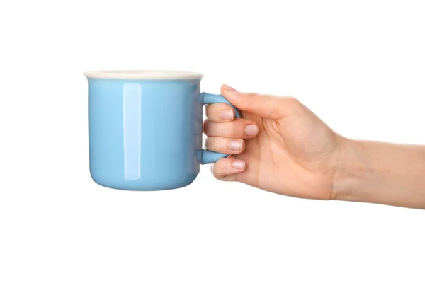 Female Hand Blank Cup White Background — Stock Photo, Image