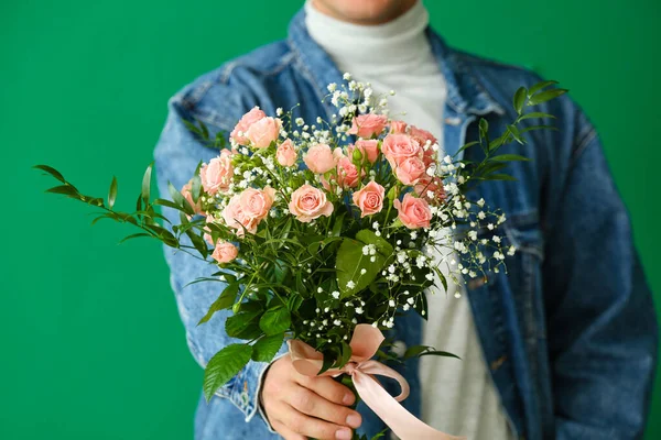 Handsome Man Bouquet Flowers Color Background — Stock Photo, Image