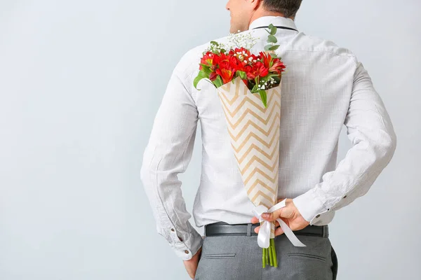 Handsome Man Bouquet Flowers Light Background — Stock Photo, Image