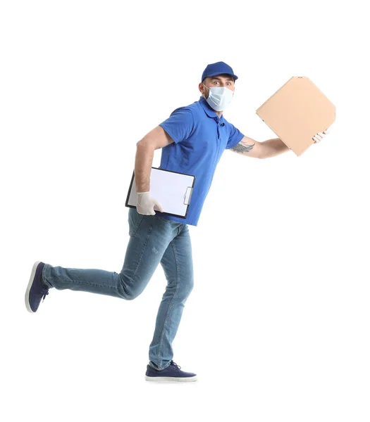 Male Courier Medical Mask Pizza White Background — Stock Photo, Image