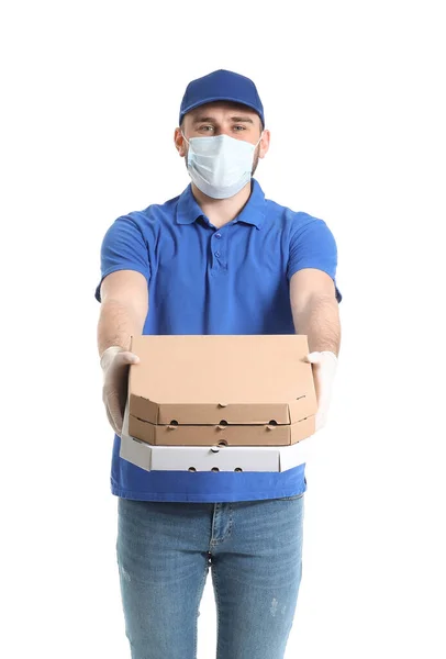 Male Courier Medical Mask Pizza White Background — Stock Photo, Image