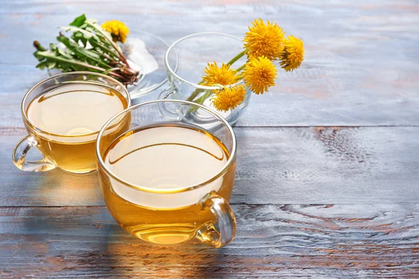 Cups Healthy Dandelion Tea Color Wooden Background — Stock Photo, Image