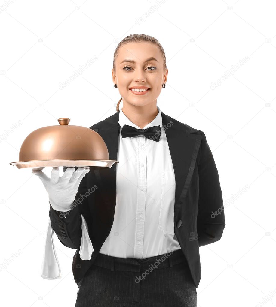 Beautiful female waiter on white background