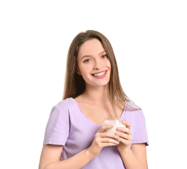 Young Woman Tasty Yogurt White Background — Stock Photo, Image