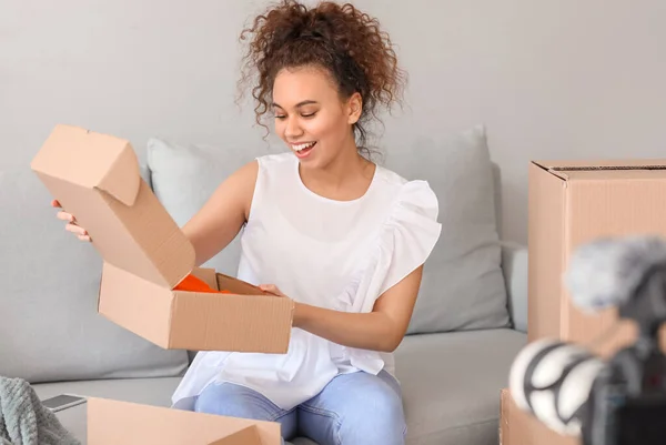 Young Female Blogger Recording Video While Unpacking Parcel Home — Stock Photo, Image