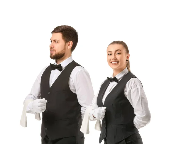 Männliche Und Weibliche Kellner Auf Weißem Hintergrund — Stockfoto