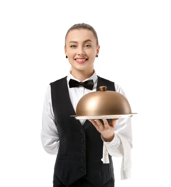 Piękna Kelnerka Tacą Kloszem Białym Tle — Zdjęcie stockowe