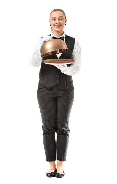 Beautiful Female Waiter Tray Cloche White Background — Stock Photo, Image