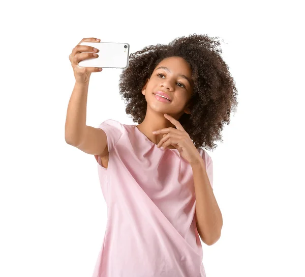 Blogueur Adolescent Afro Américain Avec Téléphone Portable Sur Fond Blanc — Photo
