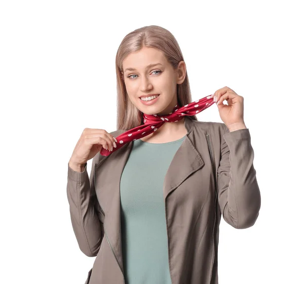 Mooie Jonge Vrouw Met Stijlvolle Sjaal Witte Achtergrond — Stockfoto