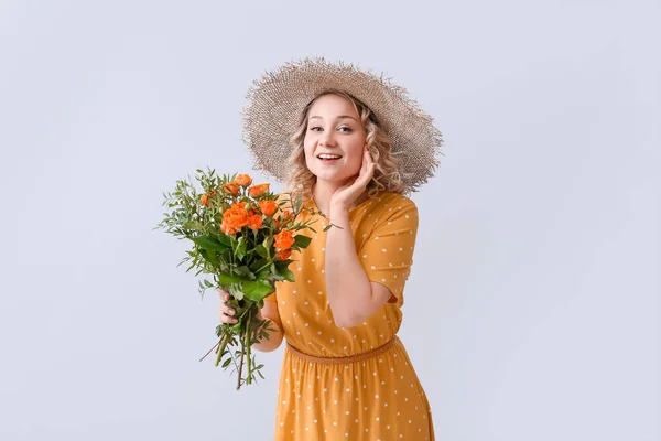 Beautiful Young Woman Bouquet Flowers Light Background — Stock Photo, Image