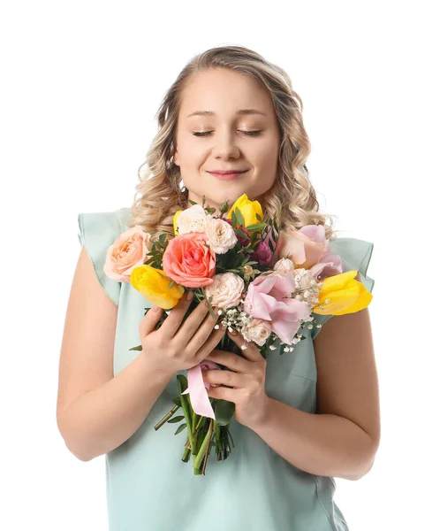 Vacker Ung Kvinna Med Bukett Blommor Vit Bakgrund — Stockfoto