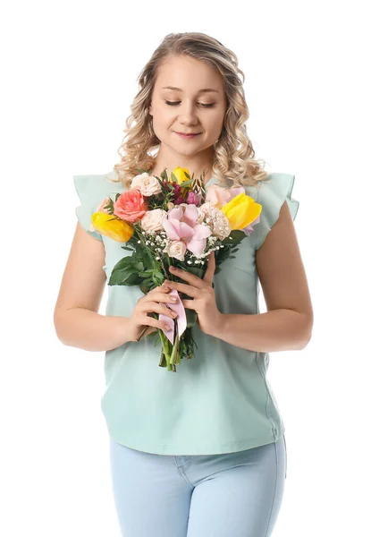 Hermosa Joven Con Ramo Flores Sobre Fondo Blanco —  Fotos de Stock