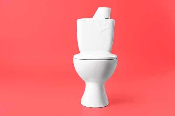 Toiletpot Met Rol Papier Kleur Achtergrond — Stockfoto