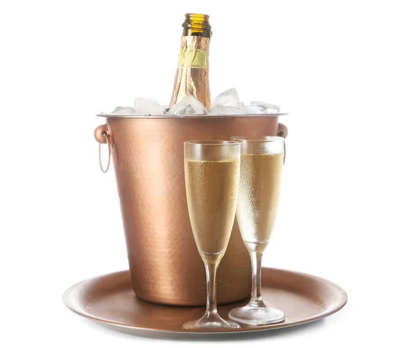 Emmer Met Fles Glazen Champagne Witte Achtergrond — Stockfoto