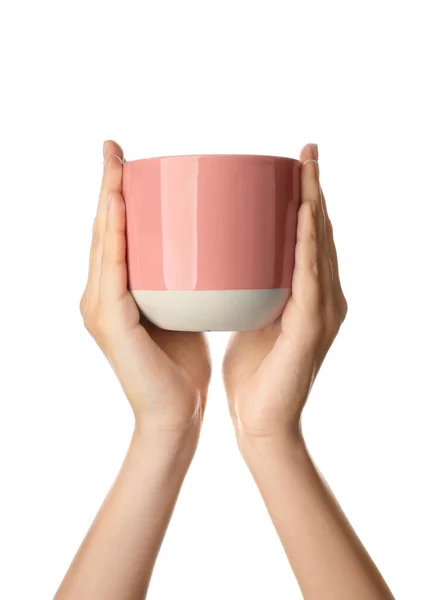 Female Hands Blank Cup White Background — Stock Photo, Image