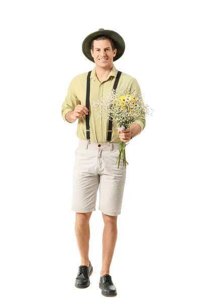 Jóképű Férfi Csokor Virág Fehér Háttér — Stock Fotó