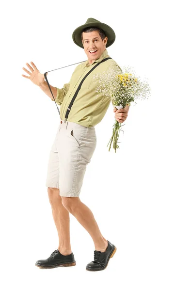 Beau Homme Avec Bouquet Fleurs Sur Fond Blanc — Photo