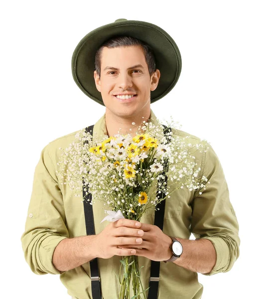 白い背景に花の花束を持つハンサムな男 — ストック写真