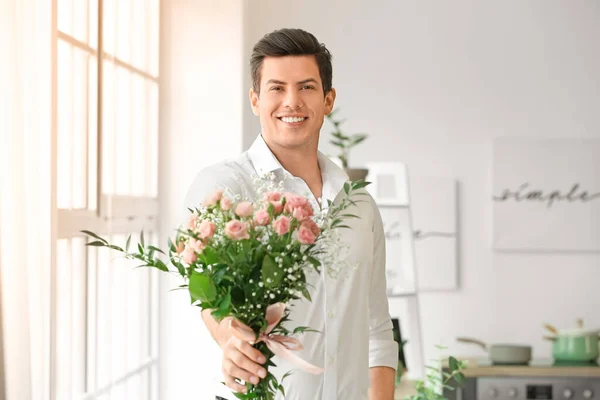 Handsome Man Bouquet Flowers Indoors — Stock Photo, Image