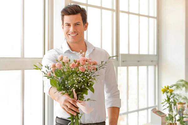 Handsome Man Bouquet Flowers Indoors — Stock Photo, Image