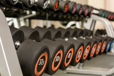 Modern spor salonunda dambıllar duruyor.