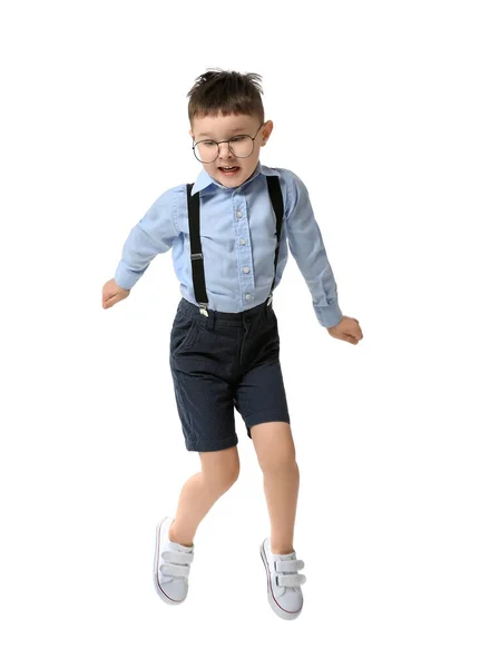 Beyaz Arka Planda Sevimli Zıplayan Küçük Çocuk — Stok fotoğraf