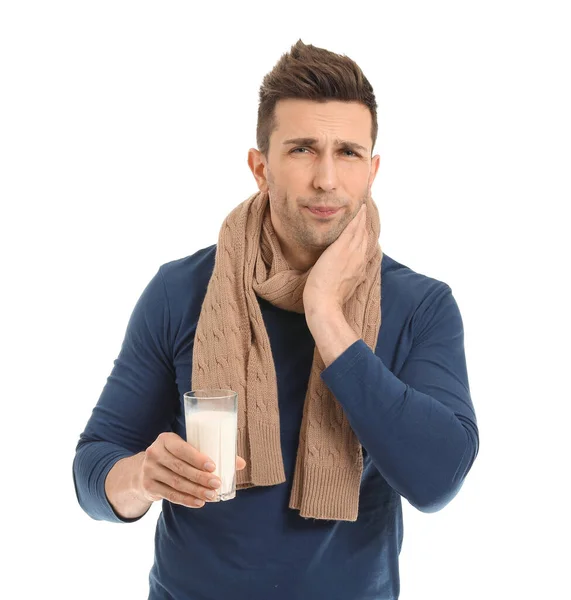 Young Man Ill Flu Holding Glass Milk White Background — Stock Photo, Image