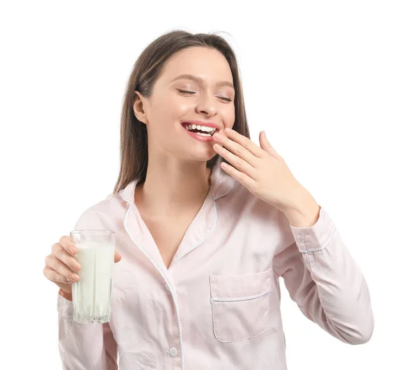 Young Woman Glass Milk White Background — Stock Photo, Image